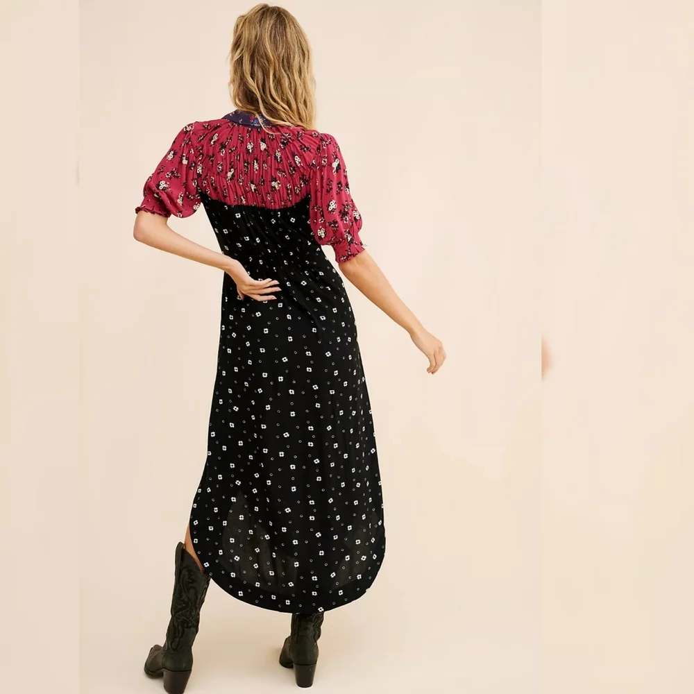 Free People Nora‎ Midi Dress Short Sleeve Red & Black Floral Print Women's Large